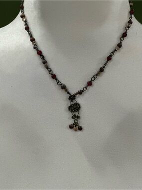 Premier Designs Red and Brown Beaded Filigree Pendant Necklace